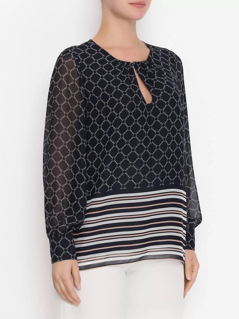 NWT Marina Rinaldi Navy Blue Patterned Long Sleeve Blouse US 22 Business Casual